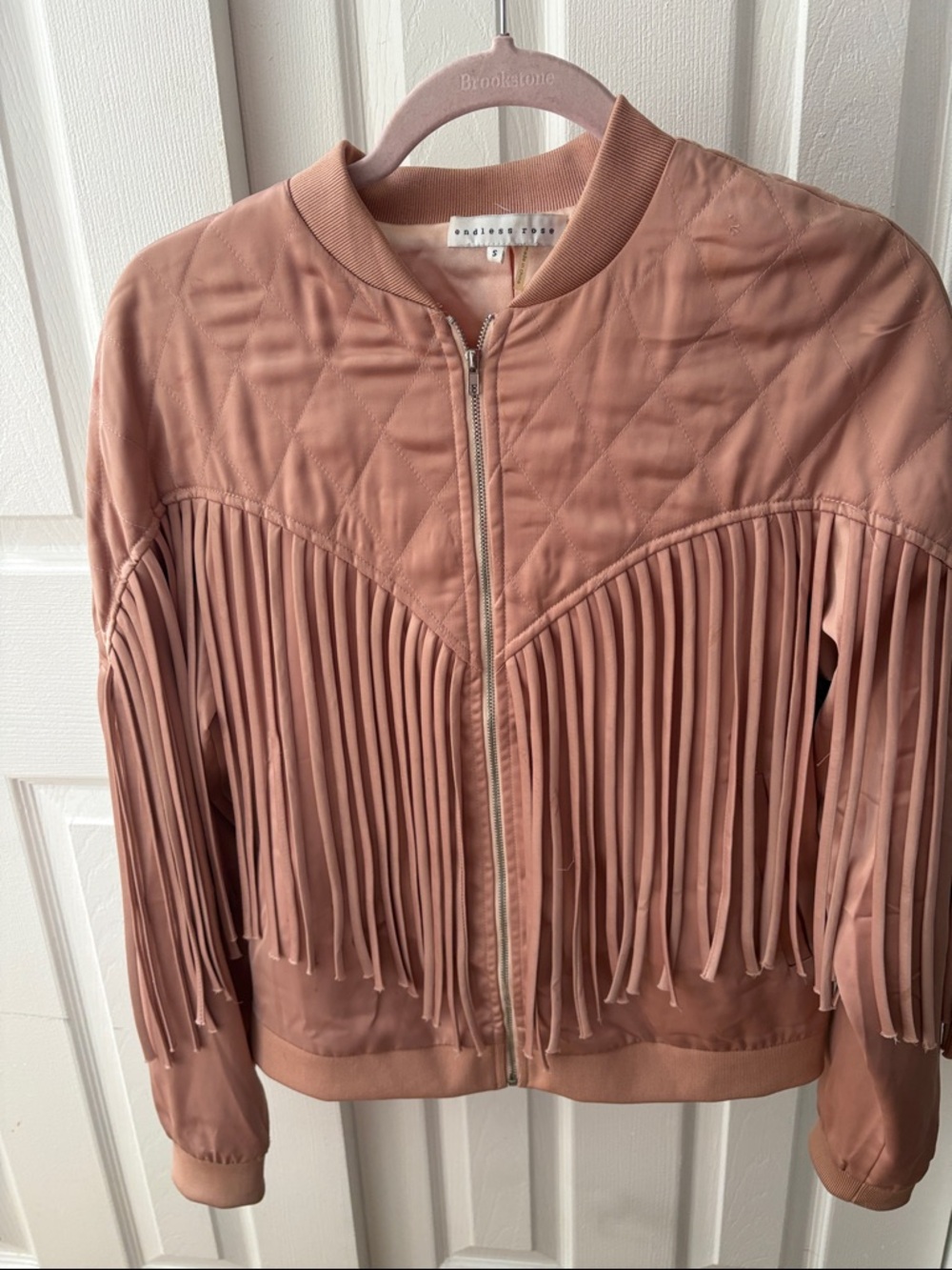 Endless Rose Blush Fringe Quilted Bomber Jacket